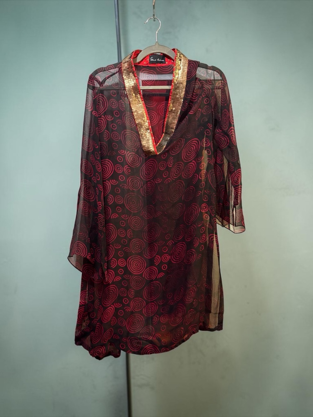 Sonia Kumar Sheer Black red circle print tunic top gold sequin neckline artisan